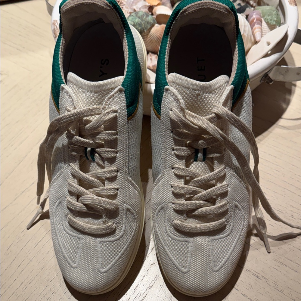 Cream Canvas Sneakers with Green Accent